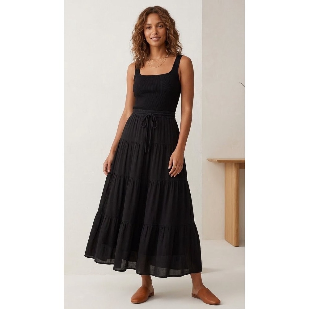 Garnet Hill Women Large Black Tiered Tie Skirt Boho Beach Resort Lagenlook